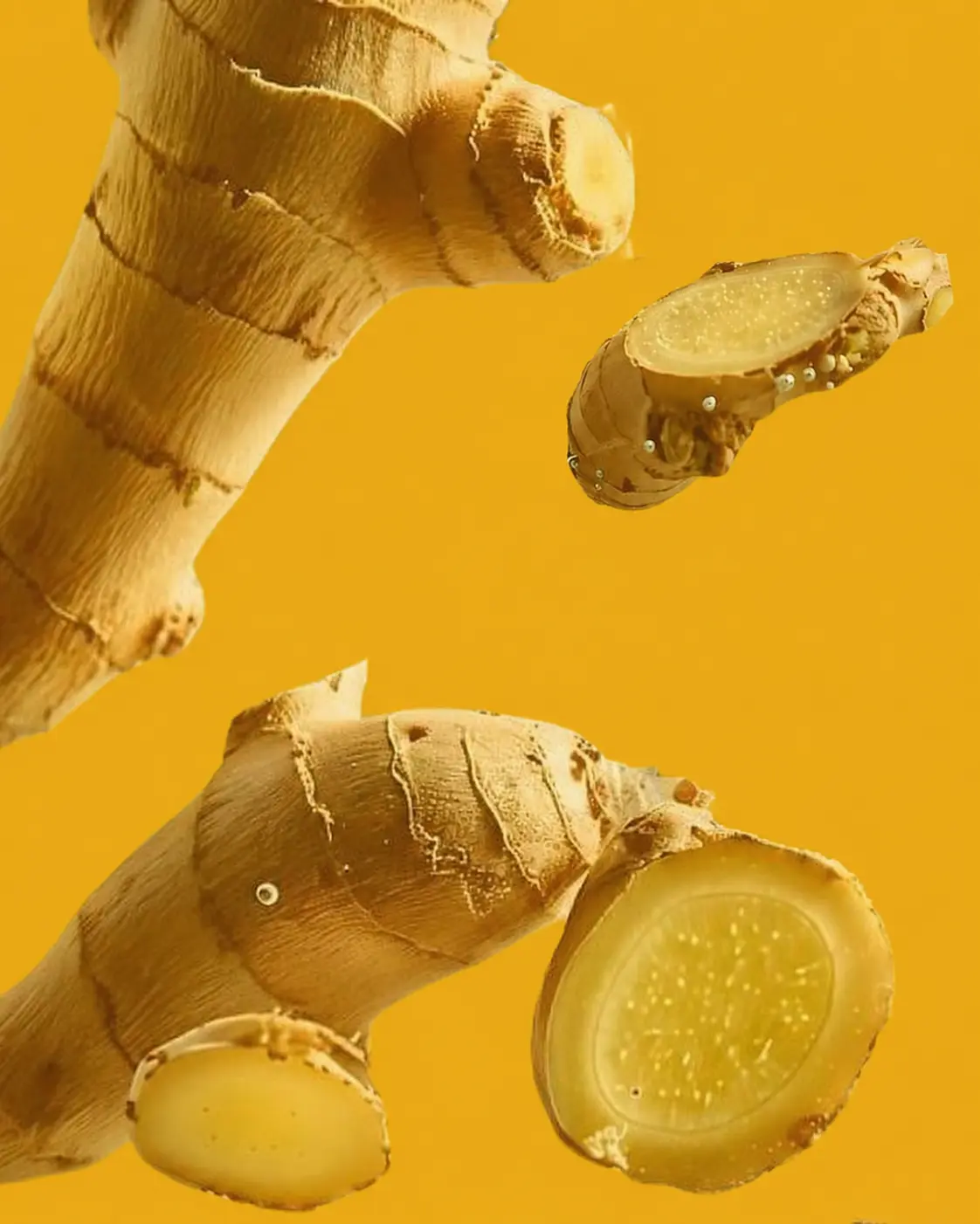 Fresh ginger on a golden background